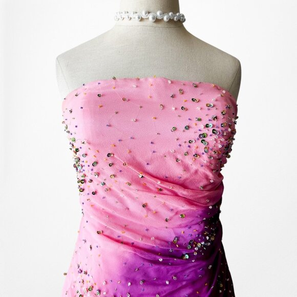 Vintage Pink Strapless Beaded Ruffle Asymmetric High Low Midi Prom Dress Size M - Picture 6 of 14